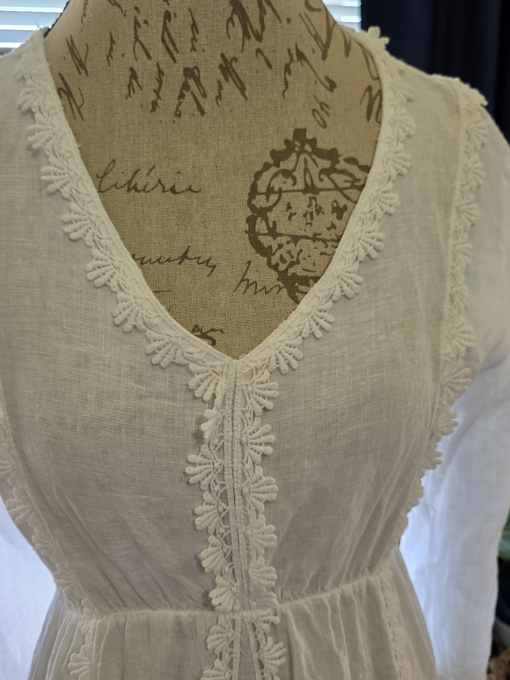Valentina Linen V-Neck Lace-Trim Crochet Mini Dress Cover Up - Picture 3 of 10